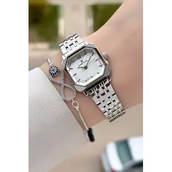 Gümüş Renk Hediye Paketli 23 Mm Kare Kadın Kol Saati ve Bileklik