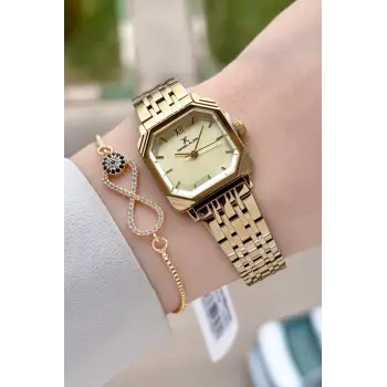 Kadranı Sarı Kordonu Gold Renk Hediye Paketli 23 Mm Kare Kadın Kol Saati ve Bileklik