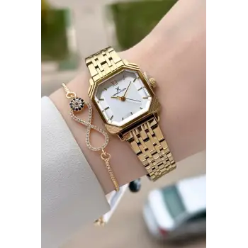 Gold Hediye Paketli 23 Mm Kare Kadın Kol Saati ve Bileklik