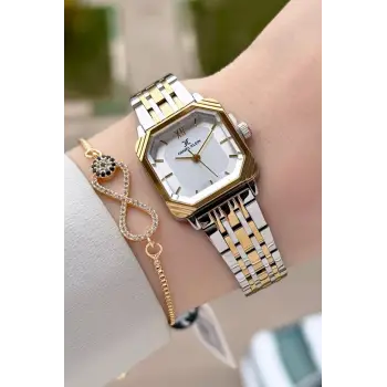 Gold Gümüş Renk Hediye Paketli 23 Mm Kare Kadın Kol Saati ve Bileklik