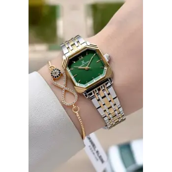 Gold Gümüş Yeşil Renk Hediye Paketli 23 Mm Kare Kadın Kol Saati ve Bileklik