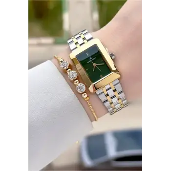 Kadranı Yeşil Kodronu Gold Gümüş Renk 22 Mm Kadın Kol Saati ve Bileklik