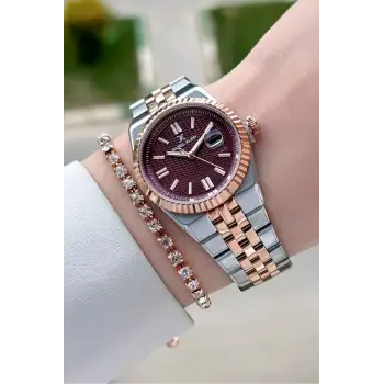 Kadranı Bordo Kordonu Rose Gümüş Renk 30 mm Kadın Kol Saati ve Bileklik