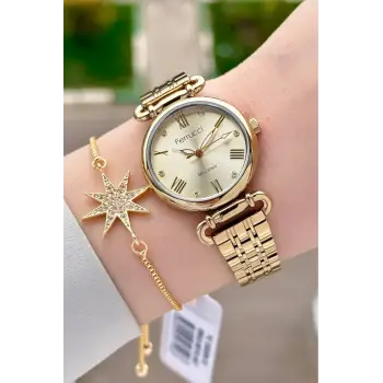 Gold Renk Kadın Kol Saati ve Bileklik