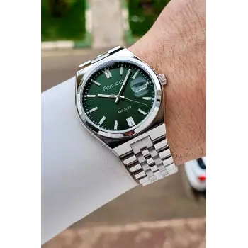 Kadranı Yeşil Kordonu Gümüş Renk 40 Mm Erkek Kol Saati