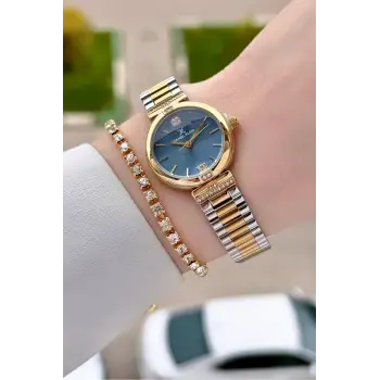 Kadranı Mavi Kordonu Gold Gümüş Renk 26 Mm Kadın Kol Saati ve Bileklik