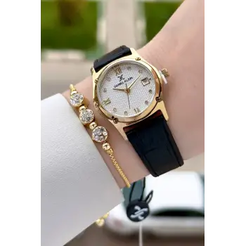 Kasası Gold Kordonu Siyah Renk 29 Mm Kadın Kol Saati ve Bileklik