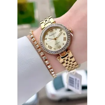 Gold Renk Kadın 30 Mm Kadın Kol Saati ve Hediye Bileklik