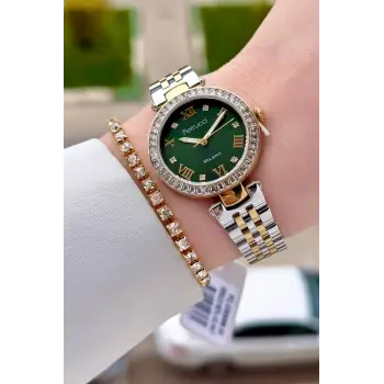 Kadranı Yeşil Kordonu Gold Gümüş Renk Kadın 30 Mm Kadın Kol Saati ve Hediye Bileklik