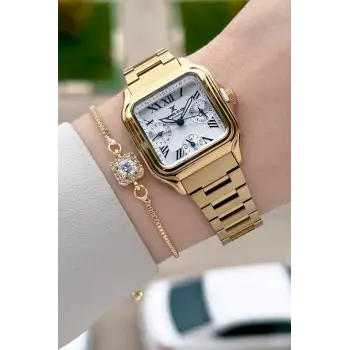 Gold Renk 28,5 mm İç Göstergeleri Aktif Hediye Paketli Kadın Kol Saati