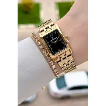 Kadranı Siyah Kordonu Gold Renk 22 mm Kadın Kol Saati