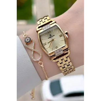 Kadranı Sarı Kordonu Gold Renk 24 mm Hediye Paketli Kadın Kol Saati