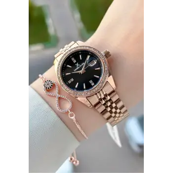 Kadranı Siyah Kordonu Rose Renk 32,5 Mm Hediye Paketli Kadın Kol Saati