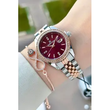 Kadranı Bordo Kordonu Rose Gümüş Renk 32,5 Mm Hediye Paketli Kadın Kol Saati