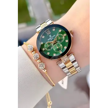 Kadranı Yeşil Kordonu Gold Gümüş Renk Hediye Paketli 32 Mm Kadın Kol Saati