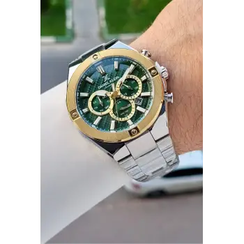 Kadranı Yeşil Kordonu Gümüş Renk 46,5 Mm Hediye Paketli Erkek Kol Saati