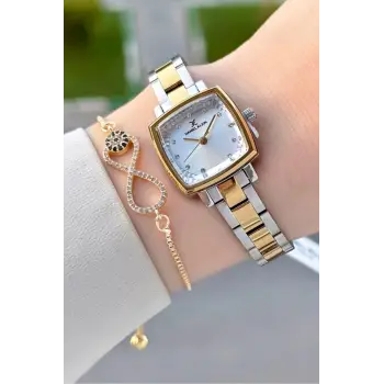 Gold Gümüş Renk Hediye Paketli Kadın Kol Saati