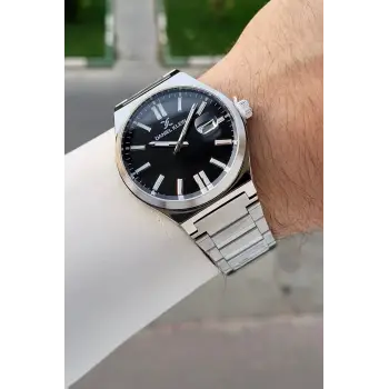 Kadranı Siyah Kordonu Gümüş Renk Hediye Paketli Erkek Kol Saati