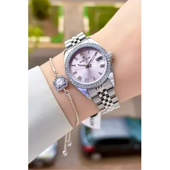 Kadranı Pembe Kordonu Gümüş Renk 33 Mm Kadın Kol Saati