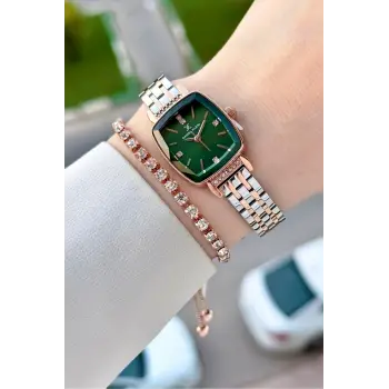 Kadranı Yeşil Kordonu Rose Gümüş Renk Hediye Paketli 22 Mm Kadın Kol Saati