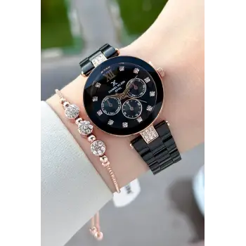 Kasası Rose Kordonu Siyah Renk Hediye Paketli 32 Mm Kadın kol Saati