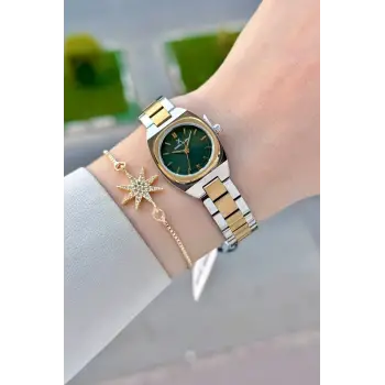 Kadranı Yeşil Kordonu Gold Gümüş Renk Hediye Paketli 22,5 Mm Kadın Kol Saati