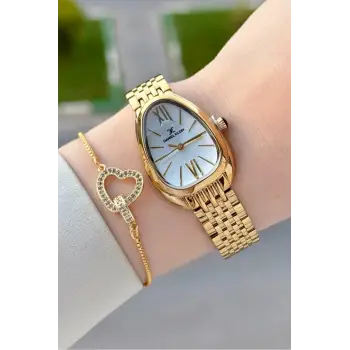 Gold Renk 25 Mm Kadın Kol Saati ve Bileklik