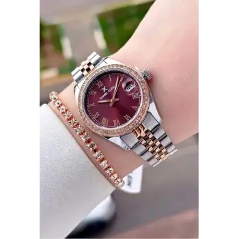 Kadranı Bordo Kordonu Rose Gümüş Renk 32,5 mm Takvimli Kadın Kol Saati ve Bileklik