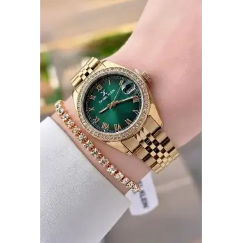 Kadranı Yeşil Kordonu Gold Renk 32,5 mm Takvimli Kadın Kol Saati ve Bileklik