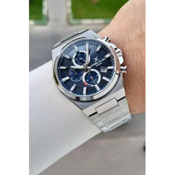 Kadranı Lacivert Kordonu Gümüş Renk Hediye Paketli 44 Mm Erkek Kol Saati