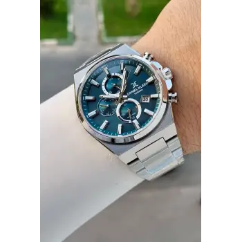 Kadranı Mavi Kordonu Gümüş Renk Hediye Paketli 44 Mm Erkek Kol Saati
