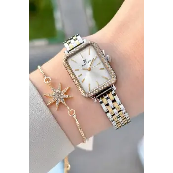 Gold Gümüş Renk Hediye Paketli 21 Mm Kadın Kol Saati ve Bileklik