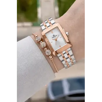 Rose Gümüş Renk Hediye Paketli 22 Mm Kadın Kol Saati ve Bileklik ve Bileklik