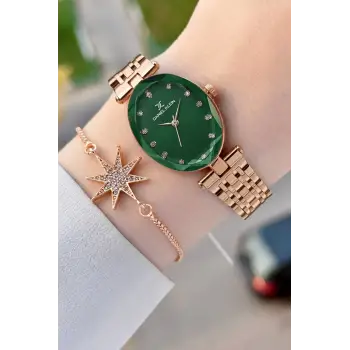 Kadranı Yeşil Kordonu Rose Renk Hediye Paketli 24 Mm Kadın Kol Saati ve Bileklik
