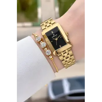 Kadranı Siyah Kodronu Gold Renk Hediye Paketli 22 Mm Kadın Kol Saati ve Bileklik ve Bileklik