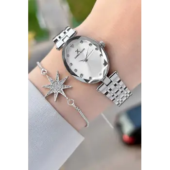 Gümüş Renk Hediye Paketli 24 Mm Kadın Kol Saati ve Bileklik