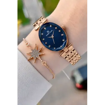 Kadranı Lacivert Kordonu Rose Renk Hediye Paketli 24 Mm Kadın Kol Saati ve Bileklik