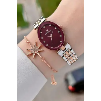 Kadranı Bordo Kordonu Rose Gümüş Renk Hediye Paketli 24 Mm Kadın Kol Saati ve Bileklik