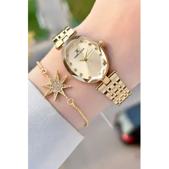 Kadranı Sarı Kordonu Gold Renk Hediye Paketli 24 Mm Kadın Kol Saati ve Bileklik