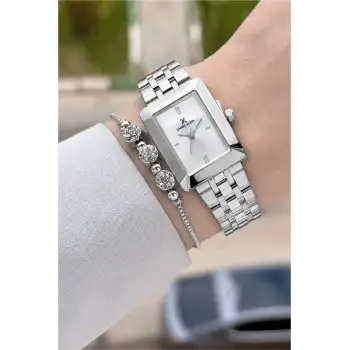Gümüş Renk Hediye Paketli 22 Mm Kadın Kol Saati ve Bileklik ve Bileklik