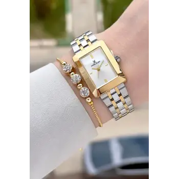 Gold Gümüş Renk Hediye Paketli 22 Mm Kadın Kol Saati ve Bileklik ve Bileklik