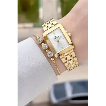 Gold Renk Hediye Paketli 22 Mm Kadın Kol Saati ve Bileklik ve Bileklik