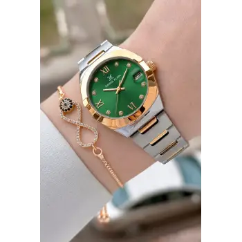 Kadranı Yeşil Kordonu Rose Gümüş Renk 30 Mm Kadın Kol Saati ve Bileklik