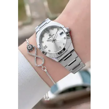 Gümüş Renk 30 Mm Kadın Kol Saati ve Bileklik