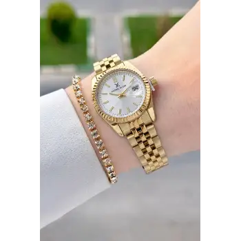 Gold Renk 28 Mm Hediye Paketli Kadın Kol Saati ve Bileklik