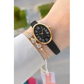 Kasası Gold Kordonu Siyah Renk Hediye Paketli 22 Mm 5 ATM Kadın Kol Saati