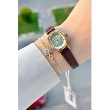 Kasası Gold Kordonu Kahverengi Renk Hediye Paketli 20 Mm 5 ATM Kadın Kol Saati