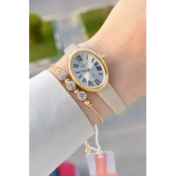 Kasası Gold Kordonu Krem Renk Hediye Paketli 22 Mm 5 ATM Kadın Kol Saati