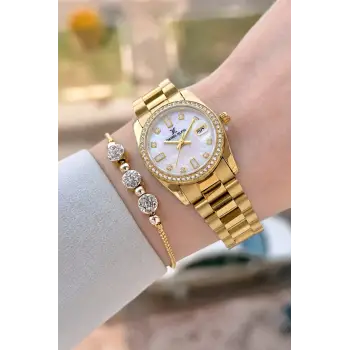 Gold Renk 28 Mm Kadın Kol Saati ve Bileklik