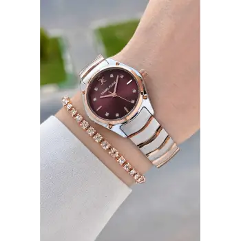 Kadranı Bordo Kordonu Rose Gümüş Renk 30 mm Hediye Paketli Kadın Kol Saati
